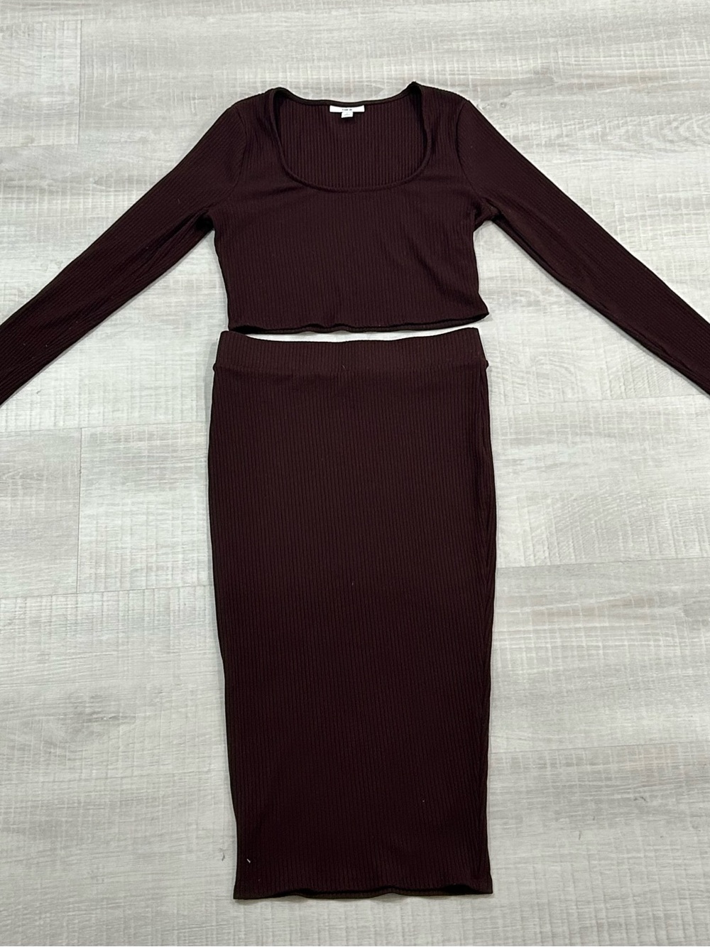 Bar III Ribbed Midi Pencil Skirt & Long Sleeve Top- Brown